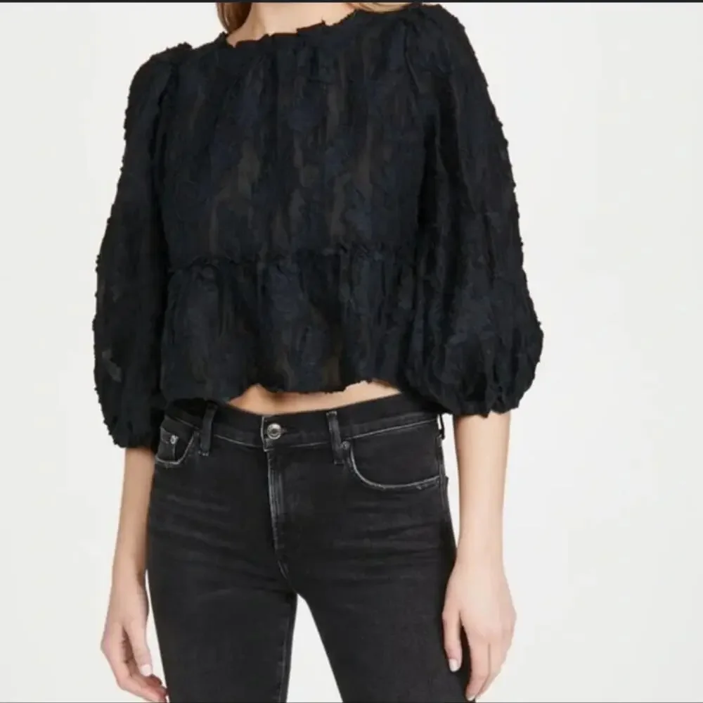Free People Goth Boho Black Lace Backless Tie Back Puff Sleeve Cropped Blouse XS